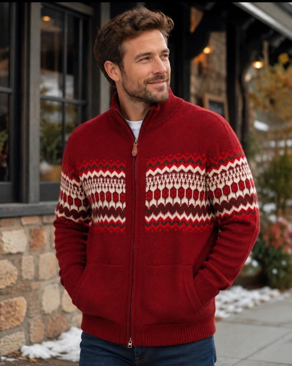 Men’s Wool Cashmere Blend Fair Aisle Sweater L Full Zip Nordic Cabin Apre’s Ski